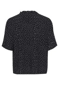 Blusa nera a maniche corte con pois bianchi, dotata di scollatura rotonda e dettagli arricciati sul retro. Tessuto morbido e leggero.