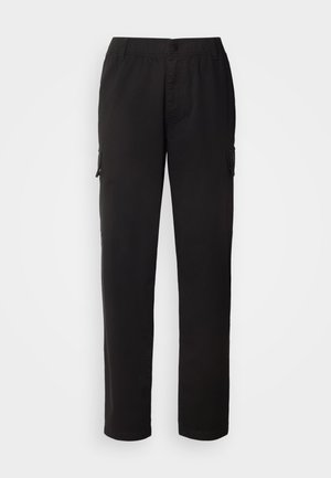 Schwarze Cargo-Hosen aus strapazierfähigem Material; mit einem elastischen Bund, Vorder- und Seitentaschen sowie geradem Bein Design.