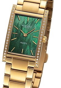 Montre en quartz dorée avec un boîtier rectangulaire, cadran vert texturé, aiguilles dorées et accents en cristal sur la lunette. Bracelet en métal.