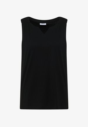 Czarny top bez rękawów z dekoltem w kształcie litery V oraz elastycznymi, marszczonymi ramionami, widok z przodu na białym tle.