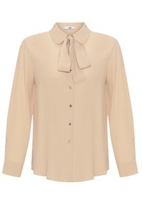 Blusa beige chiaro realizzata in tessuto liscio, con colletto, chiusura a cravatta al collo e dettagli con bottoni color oro. Le maniche lunghe sono rifinite con polsini.