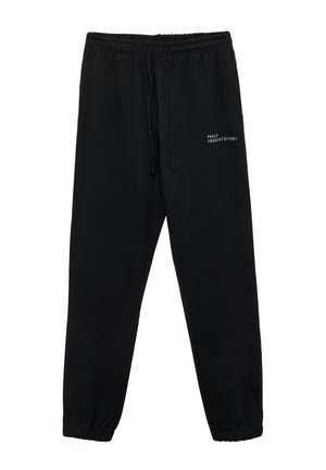 Black sweatpants made of cotton blend, featuring an elastic waistband with drawstring, cuffed hems, and a small white logo detail.