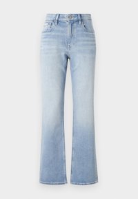 Jeans in denim azzurro chiaro a gamba larga con vita alta, cuciture a contrasto, tasche frontali e un leggero effetto sbiadito verso l'orlo.