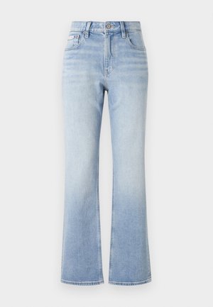 Light blue denim flared jeans with a high waist, contrasting stitching, front pockets, and a subtle fade effect towards the hem.
