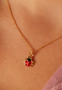 Gouden ketting met een lieveheersbeestje hanger met rode en zwarte emaille details. De hanger heeft complexe stippen en een glanzende textuur.