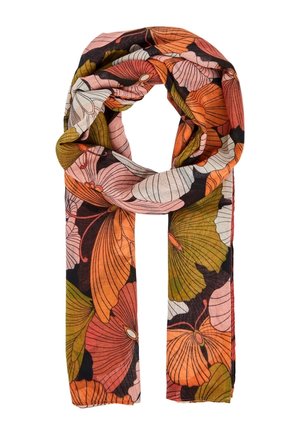 Écharpe légère avec de grands motifs floraux orange, rose, vert et noir, bouclée librement.