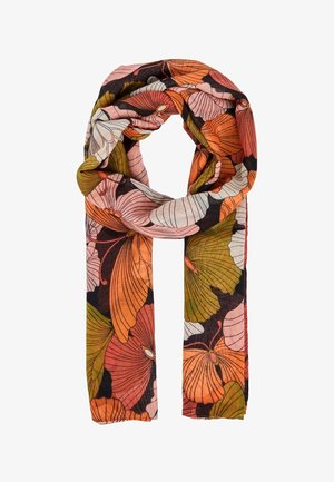 Pañuelo ligero con grandes patrones florales en colores naranja, rosa, verde y negro, anudado de manera suelta.