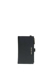 Portafoglio in pelle nera testurizzata con chiusura a zip, hardware dorato e logo impresso sul fronte. Forma rettangolare con profilo sottile.