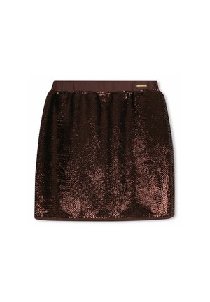 Korte bruine paillettenrok met elastische tailleband en subtiele glans, plat gelegd op een witte achtergrond.