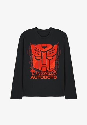 Black long-sleeve shirt with large red Autobot logo and red "AUTOBOTS" text beneath, featuring circuit-like design details.