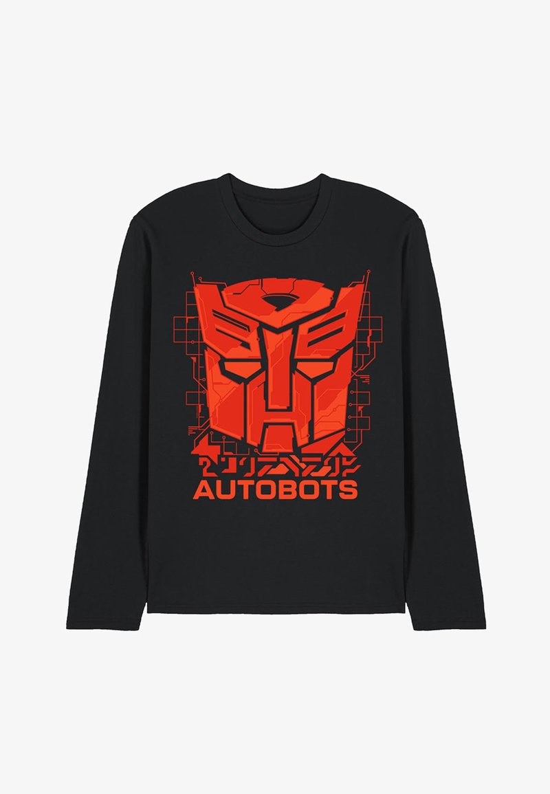 Schwarzes Langarmshirt mit großem rotem Autobot-Logo und rotem "AUTOBOTS"-Text darunter, mit zirkulierenden Design-Details.