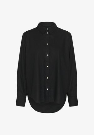 Camicia nera a maniche lunghe con bottoni, colletto a punta e orlo arrotondato, mostrata su sfondo bianco.