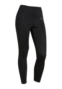 Leggings attivi neri realizzati in materiale elastico, con una vita alta e design aderente. Dettaglio del logo minimal sul retro.