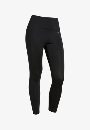 Leggings noirs actifs en matériau extensible, dotés d'une taille haute et d'une coupe ajustée. Détail de logo minimal à l'arrière.