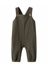 Salopette verde oliva realizzata in tessuto misto cotone, con spalline regolabili, dettagli in legno e polsini elasticizzati affusolati.