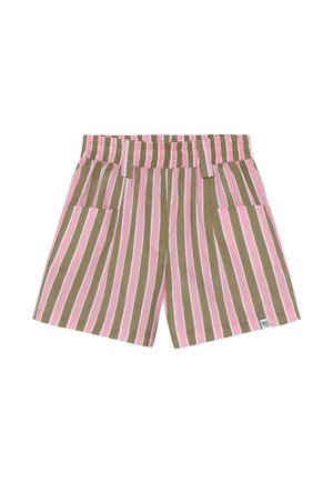 Gestreepte korte broek van katoen, met brede verticale roze en kaki strepen, een elastische tailleband en twee voorzakken.