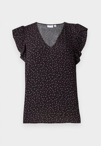 Top nero a maniche corte con scollatura a V, caratterizzato da un motivo floreale in rosa e bianco. Realizzato in tessuto leggero con maniche arricciate.