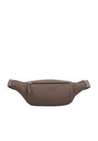 Braune Leder-Bauchtasche mit strukturierter Oberfläche, ausgestattet mit einer vorderen Reißverschlusstasche und verstellbarem Stoffriemen. Schlanke, ovale Form.