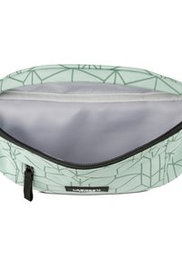 Custodia con cerniera in tessuto verde chiaro con motivo geometrico. Interno foderato in grigio, dotato di una cerniera nera e di un'etichetta di branding.