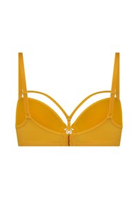 Gelbes Bralette aus glattem Material, mit Unterdraht und mehrfacher Trägerdesign. Hat einen Mittelring und einen Hakenverschluss auf der Rückseite.