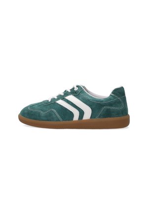 Teal suede sneaker with white stripes, lace-up design, and a brown rubber sole, featuring smooth texture and stitched detailing.