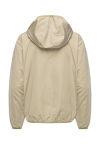 Béžová ľahká bunda s kapucňou, elastickými manžetami a hladkou textúrou. Dizajn má jednoduchý siluetu bez viditeľného kovania.