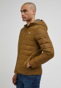 Brązowa, puchowa kurtka z kapturem; posiada pikowany wzór, zamek błyskawiczny oraz logo na klatce piersiowej. Materiał wydaje się gładki i lekki.