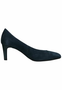 Námořnické modré semišové lodičky s špičatou špičkou, štíhlým podpatkem a hladkým povrchem, s jednoduchým designem a bez viditelných ozdob.