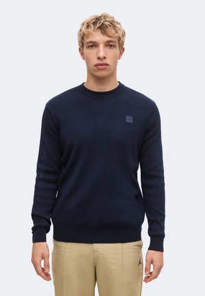 Ung mand med blondt krøllet hår iført en mørk marineblå sweater og beige bukser, der står mod en ensfarvet lys baggrund.