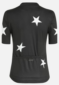 Maillot de cyclisme noir avec manches courtes, en tissu texturé, orné de motifs d'étoiles blanches agencés de manière asymétrique. Comprend une taille élastique.