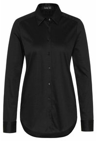 Schwarzes Hemd mit Knopfleiste aus glattem Stoff, mit langen Ärmeln, einem klassischen Kragen und einem abgerundeten Saum. Schwarze Knöpfe ergänzen das Design.