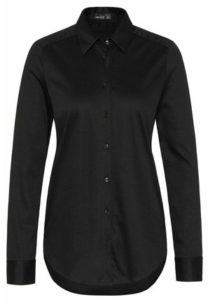 Schwarzes Hemd mit Knopfleiste aus glattem Stoff, mit langen Ärmeln, einem klassischen Kragen und einem abgerundeten Saum. Schwarze Knöpfe ergänzen das Design.