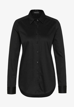 Black button-up shirt made of smooth fabric, featuring long sleeves, a classic collar, and a rounded hem. Black buttons complement the design.