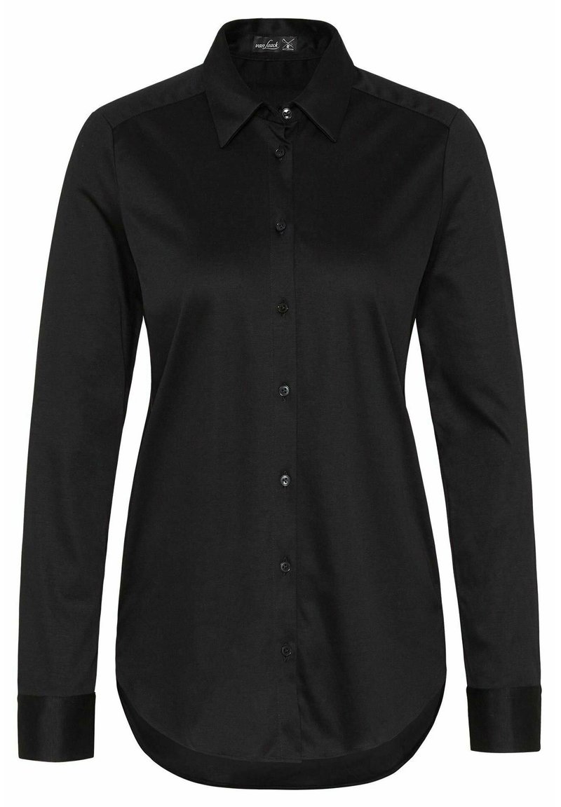 Schwarzes Hemd mit Knopfleiste aus glattem Stoff, mit langen Ärmeln, einem klassischen Kragen und einem abgerundeten Saum. Schwarze Knöpfe ergänzen das Design.