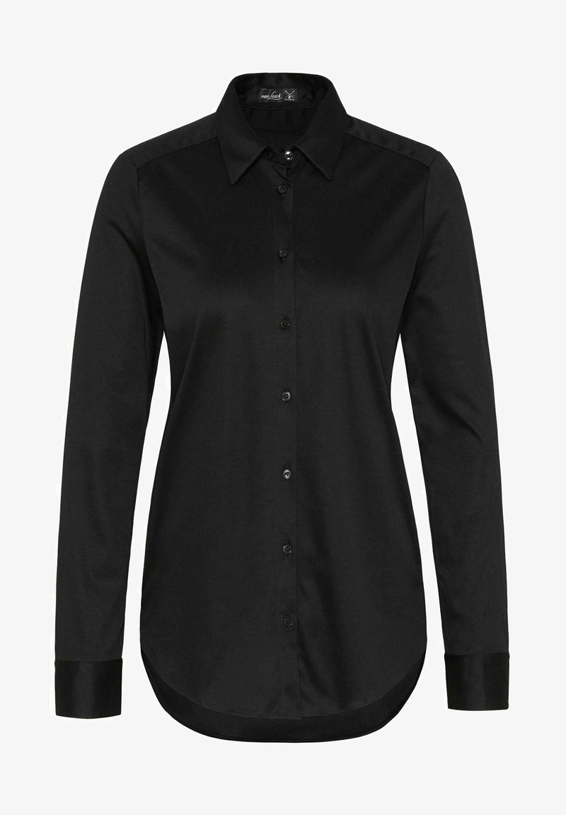 Schwarzes Hemd mit Knopfleiste aus glattem Stoff, mit langen Ärmeln, einem klassischen Kragen und einem abgerundeten Saum. Schwarze Knöpfe ergänzen das Design.