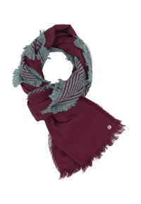 Sciarpa bordeaux con bordi frangiati e motivi foglia texurizzati azzurri che decorano, avvolta in un anello.
