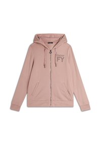Felpa rosa chiaro con zip realizzata in tessuto morbido. Presenta un cappuccio, una zip argentata e scritte decorative sul davanti con due tasche laterali.