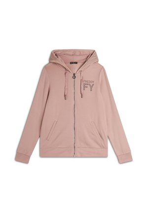 Felpa rosa chiaro con zip realizzata in tessuto morbido. Presenta un cappuccio, una zip argentata e scritte decorative sul davanti con due tasche laterali.