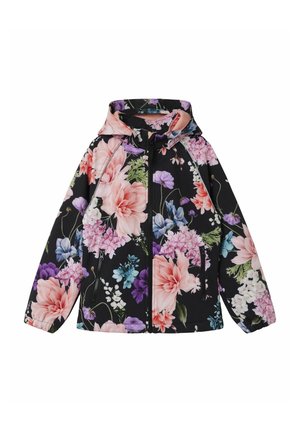Veste noire à capuche avec fermeture éclair, présentant de grands motifs floraux roses, violets et blancs ainsi que des poches latérales zippées.