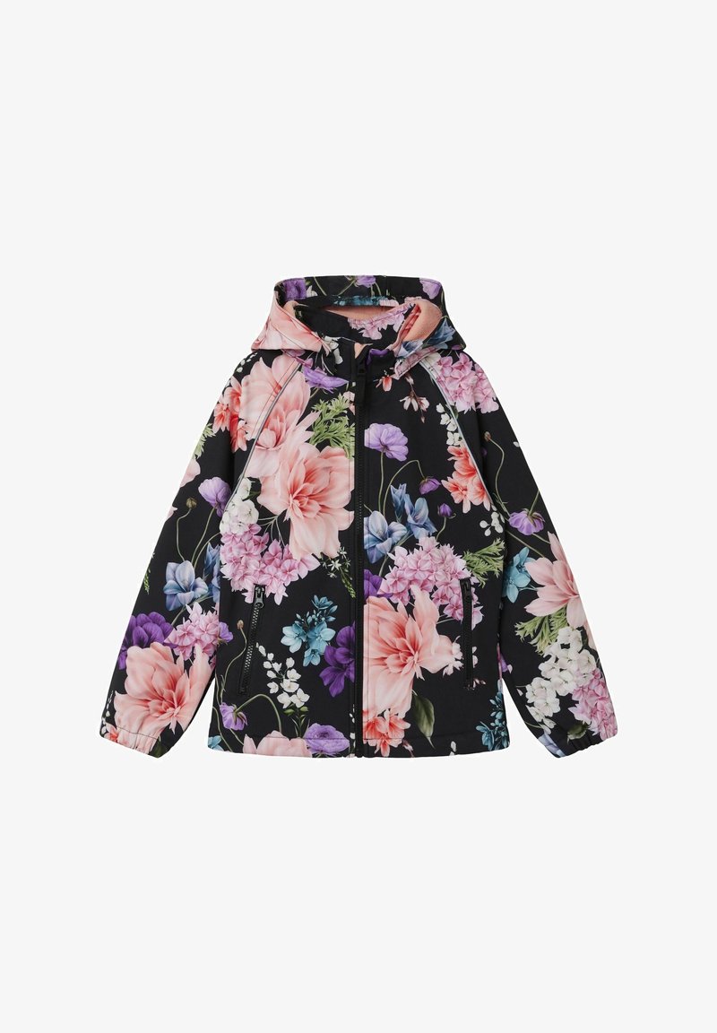 Veste noire à capuche avec fermeture éclair, présentant de grands motifs floraux roses, violets et blancs ainsi que des poches latérales zippées.