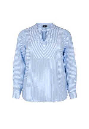 Blauw-witte gestreepte blouse voor dames met lange mouwen, een ronde halslijn en een kleine strikdetail aan de voorkant. Lichtgewicht stof.