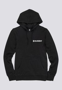 Sudadera negra de algodón, con un bolsillo tipo canguro, capucha ajustable con cordón y un logo blanco de "ELEMENT" en el pecho.