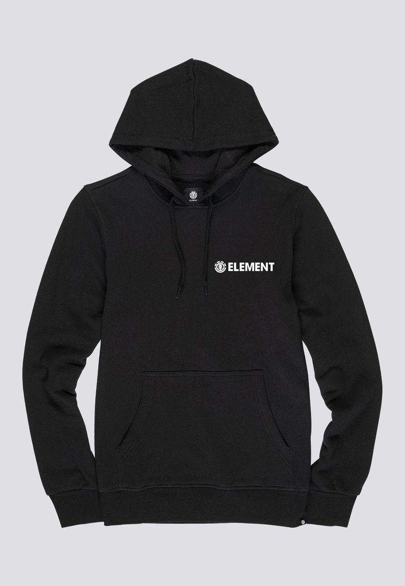 Sudadera negra de algodón, con un bolsillo tipo canguro, capucha ajustable con cordón y un logo blanco de "ELEMENT" en el pecho.
