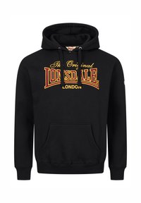 Felpa con cappuccio nera realizzata in misto cotone, dotata di una tasca a marsupio frontale e di una grafica audace in giallo/rosso con la scritta "The Original Lonsdale London" sul petto.