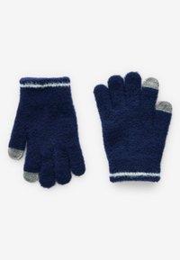 Marina handskar i mjukt, texturerat tyg. Har grå spetsar och ett vitt rand vid manschetten. Fingradesign för smidighet.