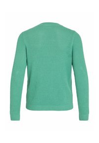 Pull en maille vert menthe à manches longues avec un motif texturé et des poignets et un ourlet côtelés, vu de dos sur fond blanc.