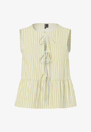 Varrukateta kollaste ja valge vertikaalsete triipudega pluus ümmarguse kaelusega, kolme ettepoole seotud paelaga ja kogutud peplum-äärisega.