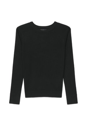 Maglione nero a maniche lunghe con collo a girocollo, polsini e orlo a coste, mostrato steso su sfondo bianco.