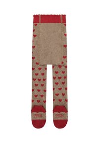 Collant marroni con motivo a cuori rossi, vita e suola rossa. Texture morbida, design senza cuciture e punta rinforzata per una maggiore durata.