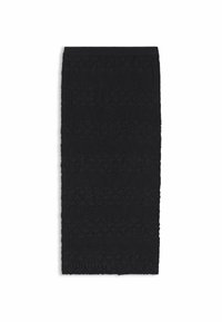 Czarna, teksturowana spódnica ołówkowa z geometrycznym wzorem, charakteryzująca się dopasowanym krojem i elastycznym pasem. Ogólnie gładkie wykończenie.